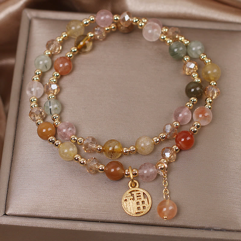 Buddha Stones Multicolored Rutilated Quartz Fu Character Auspiciousness Bracelet - image 4