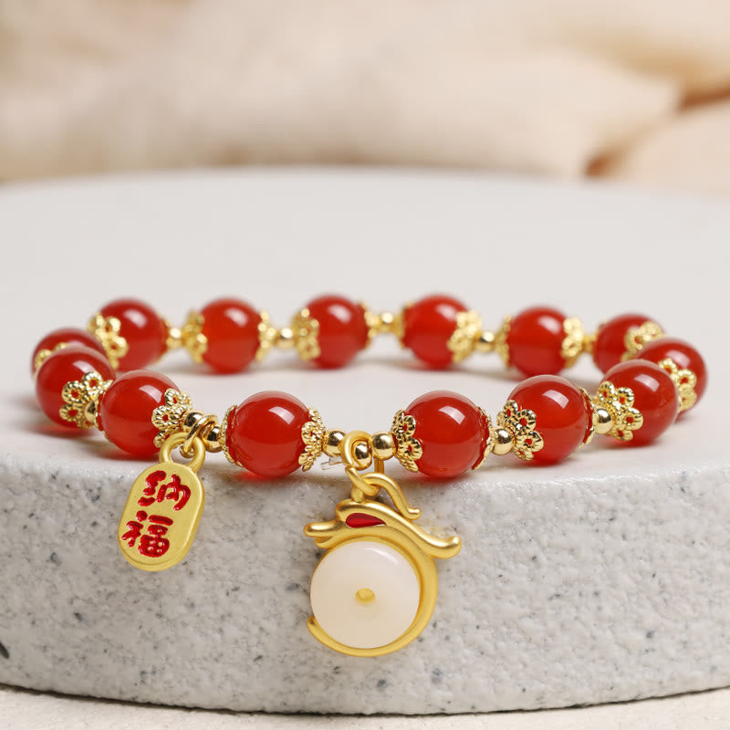 Buddha Stones Year of the Dragon Red Agate Green Aventurine Peace Buckle Fu Character Lucky Fortune Bracelet - image 14