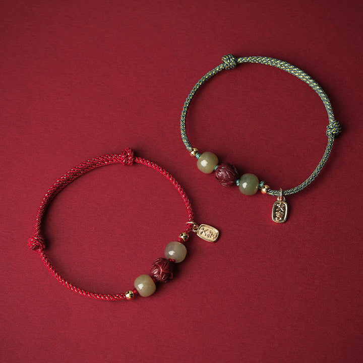 Buddha Stones 14K Gold Plated Hetian Jade Cinnabar Lotus Luck Handcrafted Rope Bracelet - image 1