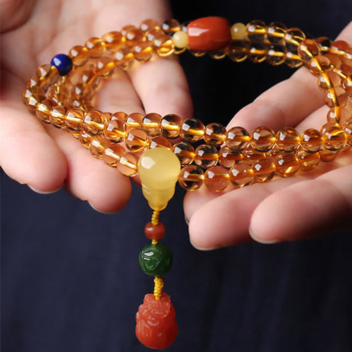 108 Mala Beads Natural Citrine Amber Peace Buckle Red Agate PiXiu Protection Charm Bracelet - image 19