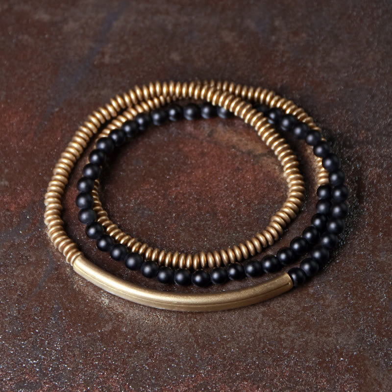 Buddha Stones Tibetan Various Agate Stone Copper Protection Triple Wrap Bracelet - 18cm - Black Onyx - image 4