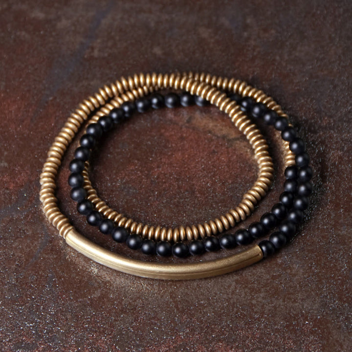 Buddha Stones Tibetan Various Agate Stone Copper Protection Triple Wrap Bracelet - 18cm - Black Onyx - image 4
