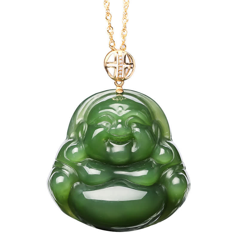 Buddha Stones 925 Sterling Silver Laughing Buddha Hetian Cyan Jade 18K Gold Success Necklace Chain Pendant - image 9
