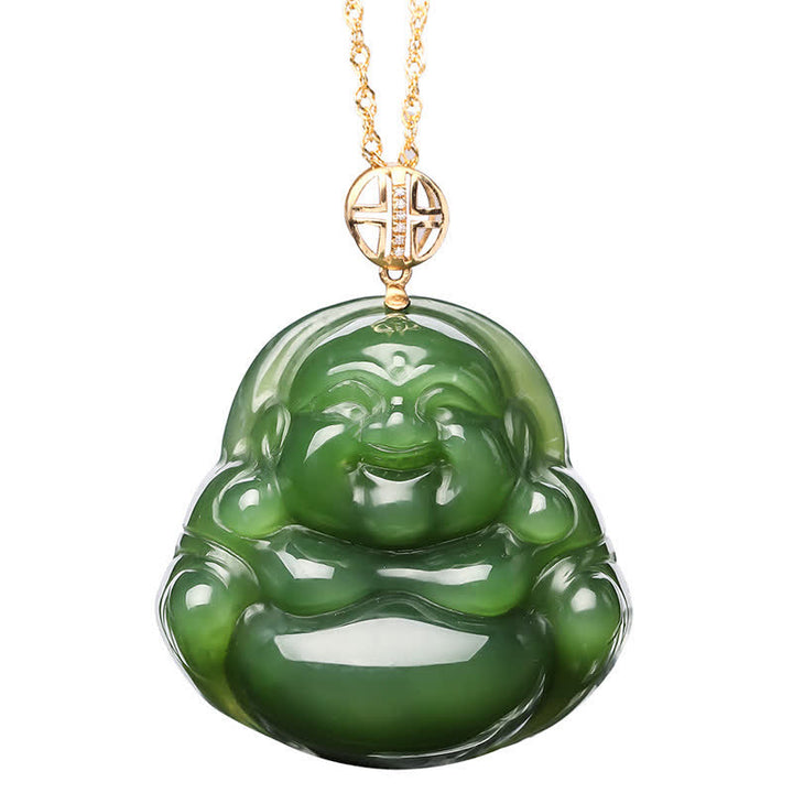 Buddha Stones 925 Sterling Silver Laughing Buddha Hetian Cyan Jade 18K Gold Success Necklace Chain Pendant - image 9