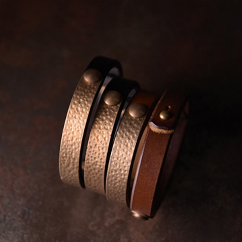 Buddha Stones Vintage Handmade Texture Copper Brass Leather Wealth Bracelet Bangle - image 7