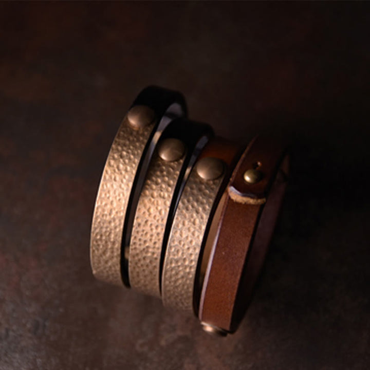 Buddha Stones Vintage Handmade Texture Copper Brass Leather Wealth Bracelet Bangle - image 7