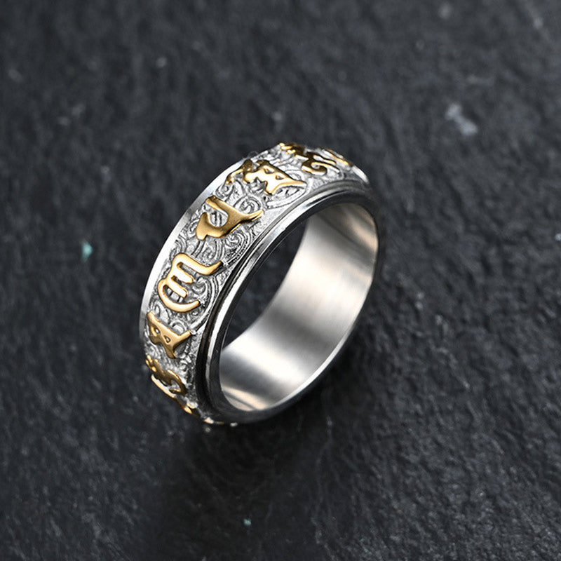 Buddha Stones Six True Words Balance Calm Titanium Steel Ring - image 0