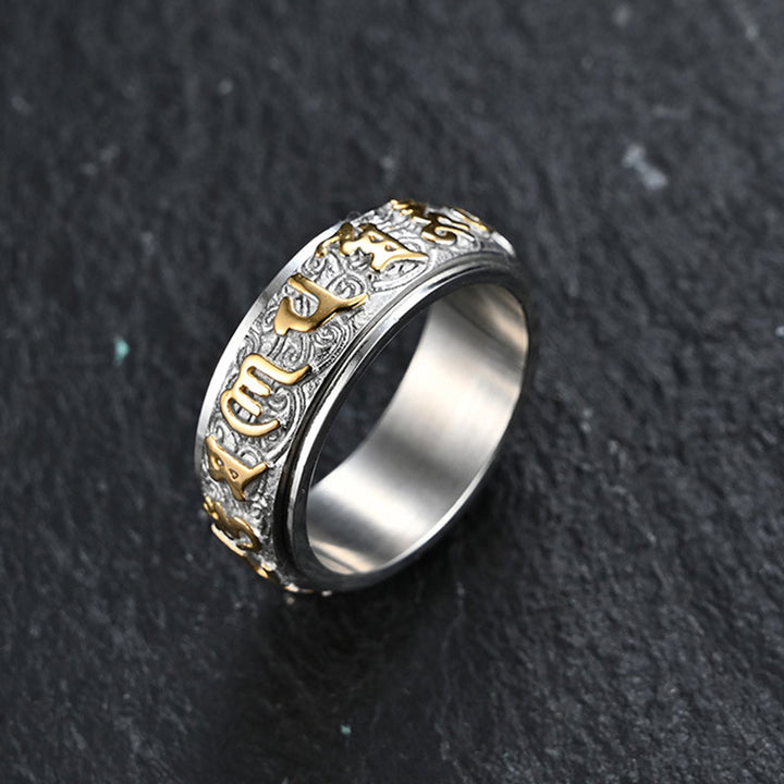 Buddha Stones Six True Words Balance Calm Titanium Steel Ring - image 0