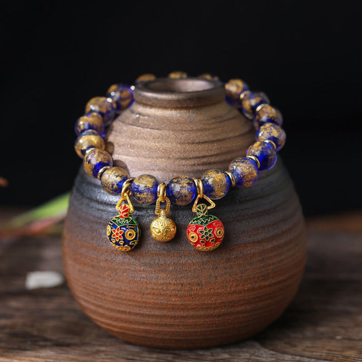 Buddha Stones Gold Swallowing Beast Family Charm Gold Silver Foil Liuli Glass Bead Blessings Bracelet - Blue Gold - 10mm(18 Beads) - image 3
