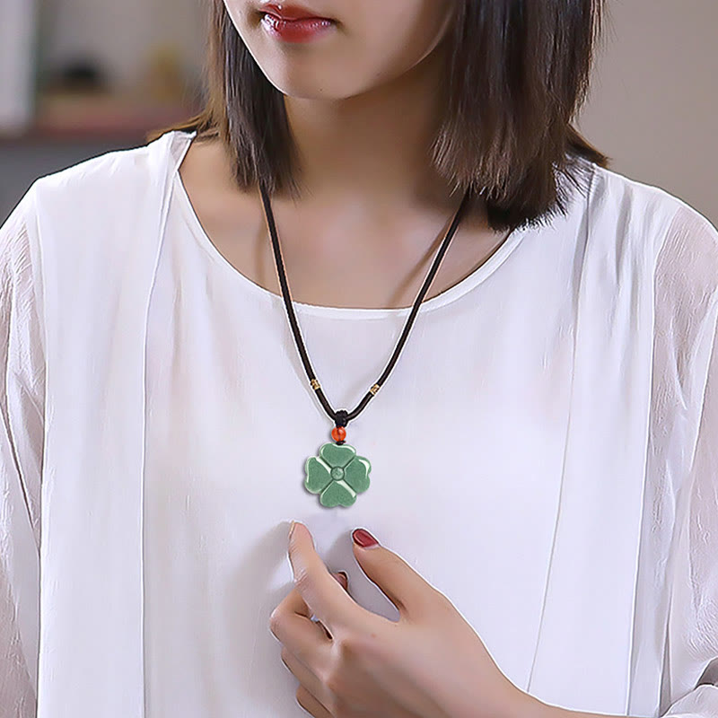 Buddha Stones Natural Lucky Four Leaf Clover Jade Prosperity Necklace Pendant - image 9