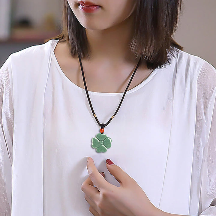 Buddha Stones Natural Lucky Four Leaf Clover Jade Prosperity Necklace Pendant - image 9