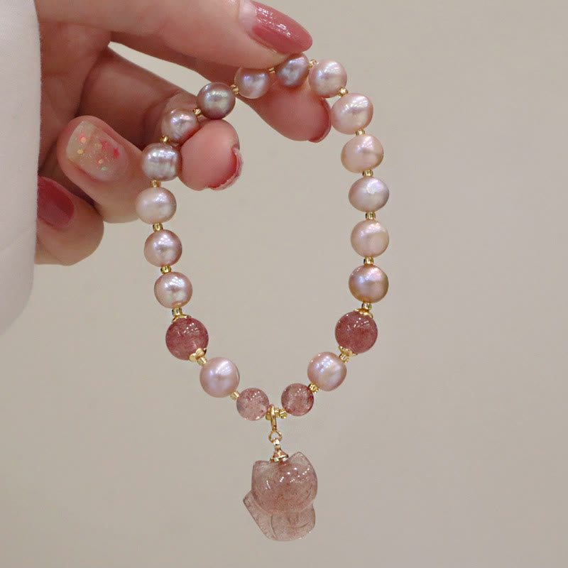 Buddha Stones Natural Pearl Strawberry Quartz Cute Fox Love Healing Charm Bracelet - image 11
