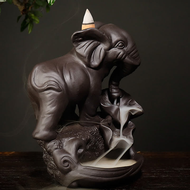 Tibetan Elephant Purple Clay Backflow Smoke Fountain Peace Healing Incense Burner Decoration - image 3