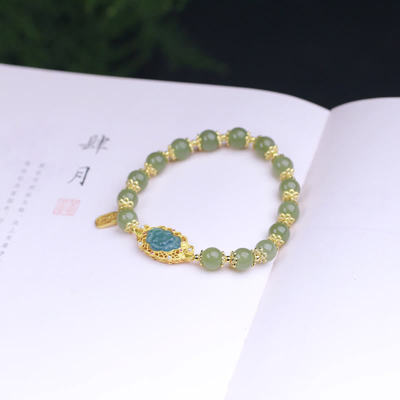 Buddha Stones 925 Sterling Silver Plated 14K Gold Hetian Jade Lotus Luck Bracelet - image 4