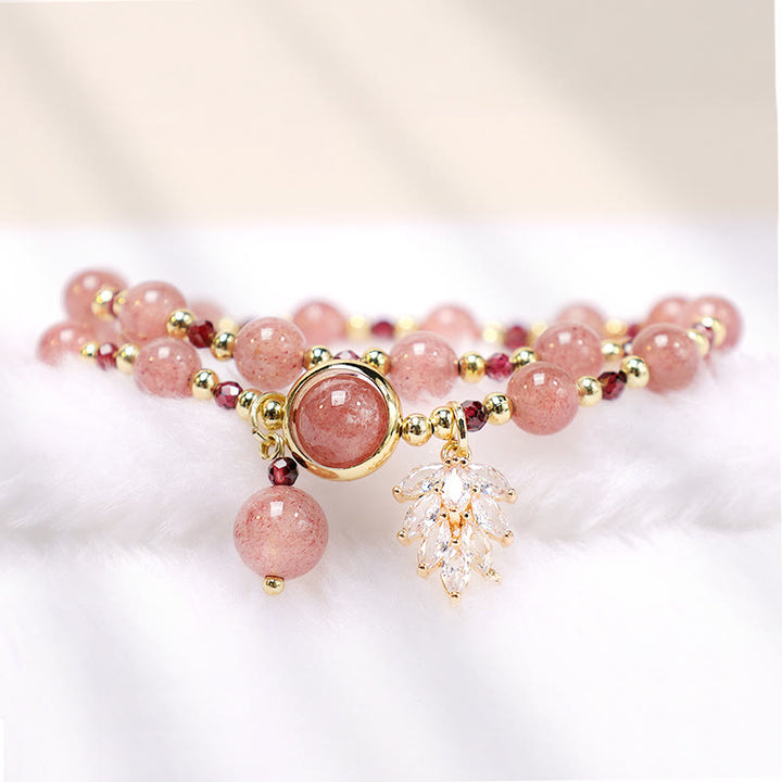 Buddha Stones Natural Strawberry Quartz Love Healing Maple Leaf Charm Double Wrap Bracelet - image 3