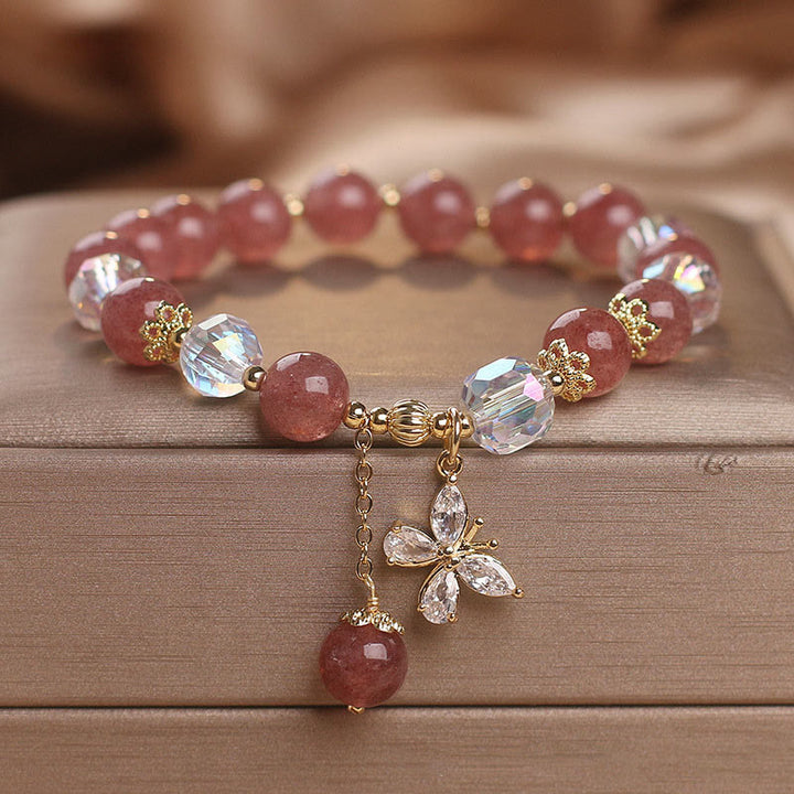 Buddha Stones Natural Strawberry Quartz Love Healing Butterfly Charm Bracelet - Strawberry Quartz(Love♥Healing) Wrist Circumference: 14-16cm - image 0