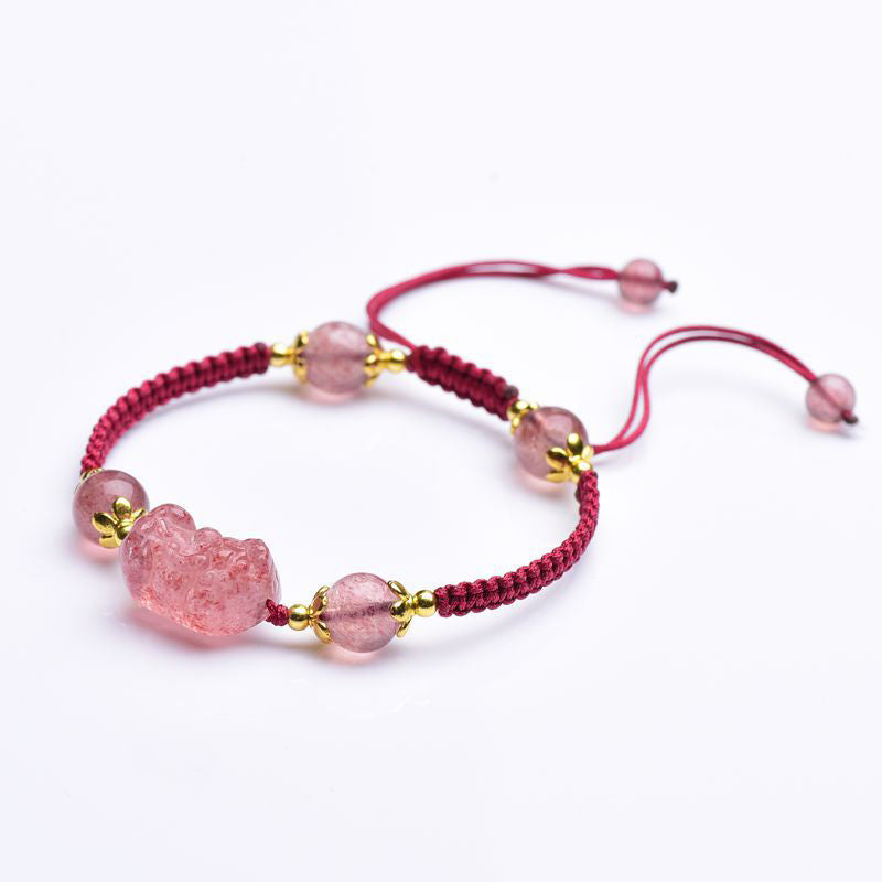 Buddha Stones Natural Strawberry Crystal Pixiu Charm Lucky Red String Bracelet - image 3