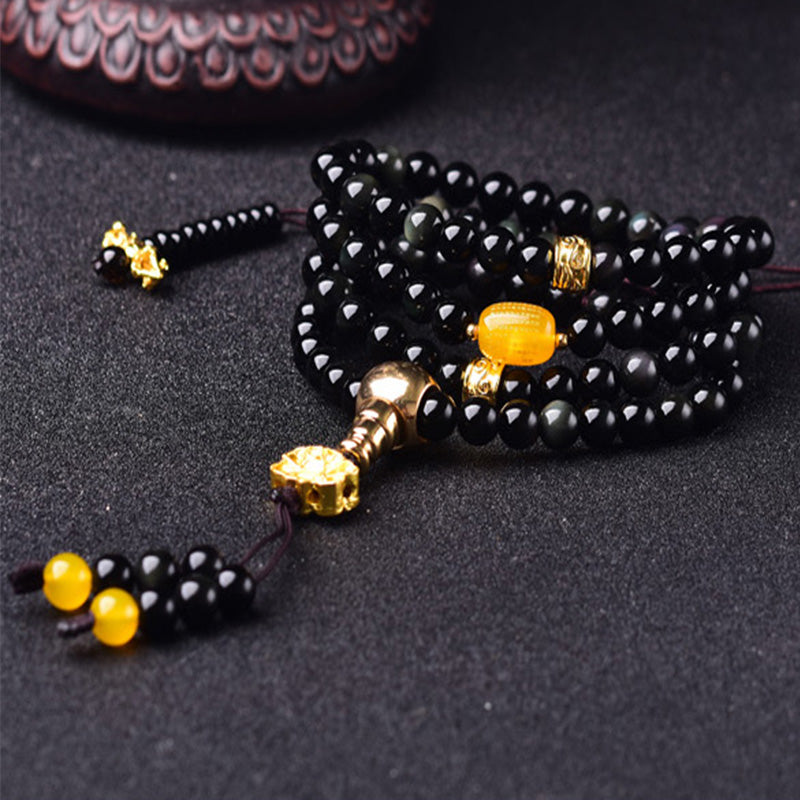 Buddha Stones 108 Beads Natural Black Obsidian Lotus Fulfilment Mala Bracelet - image 3
