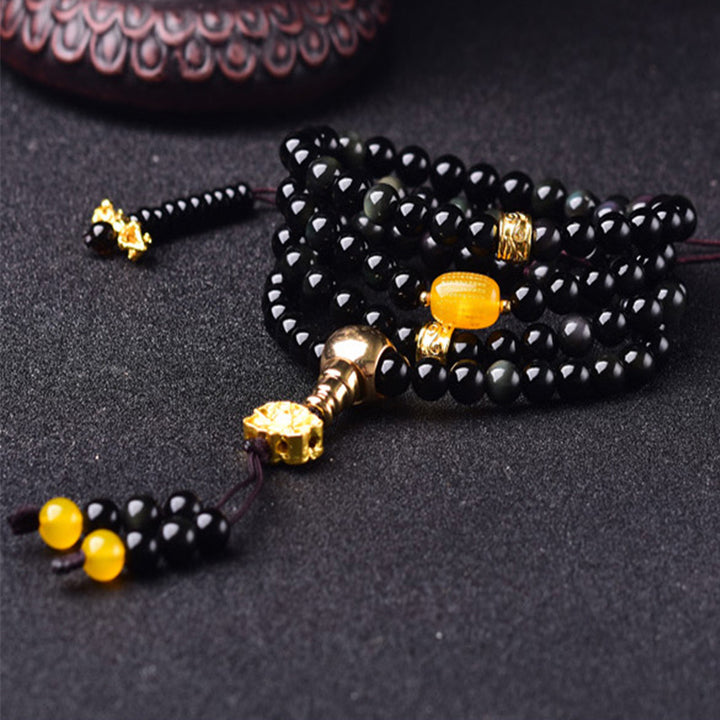 Buddha Stones 108 Beads Natural Black Obsidian Lotus Fulfilment Mala Bracelet - image 3