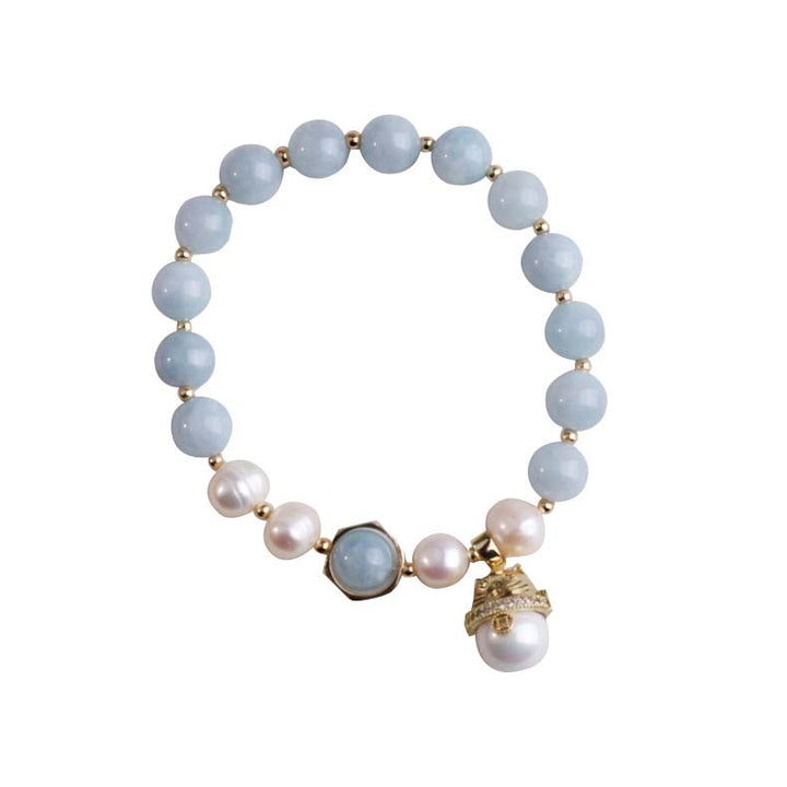 Buddha Stones Aquamarine Pearl Peace Healing Lucky Cat Charm Bracelet - image 6