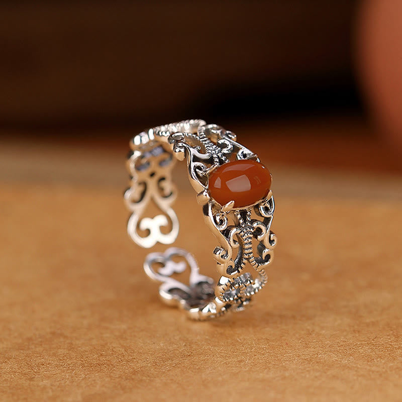 Buddha Stones 925 Sterling Silver Vintage Red Agate Self-acceptance Calm Ring - image 1