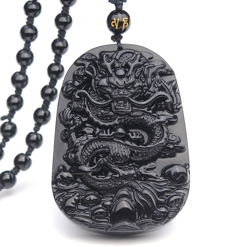 Buddha Stones Black Obsidian Stone Dragon Fulfilment Pendant Necklace - Obsidian - image 0