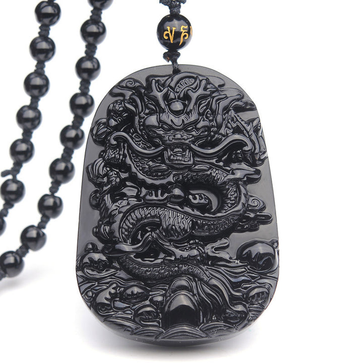 Buddha Stones Black Obsidian Stone Dragon Fulfilment Pendant Necklace - Obsidian - image 0