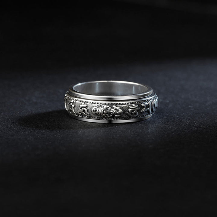 Buddha Stones Tibetan Om Mani Padme Hum PiXiu Engraved Wealth Luck Rotatable Ring - image 1