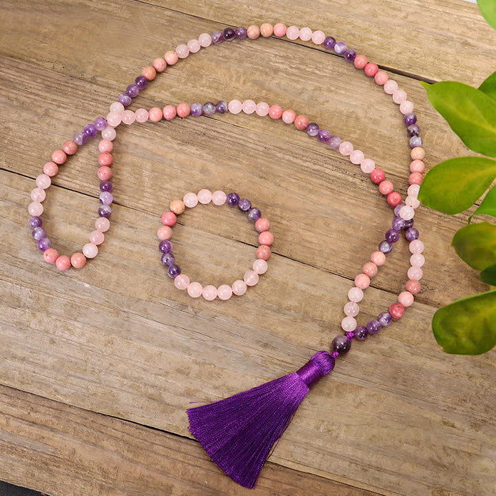 Buddha Stones 108 Mala Beads Amethyst Rose Quartz Spiritual Healing Tassel Bracelet - image 0