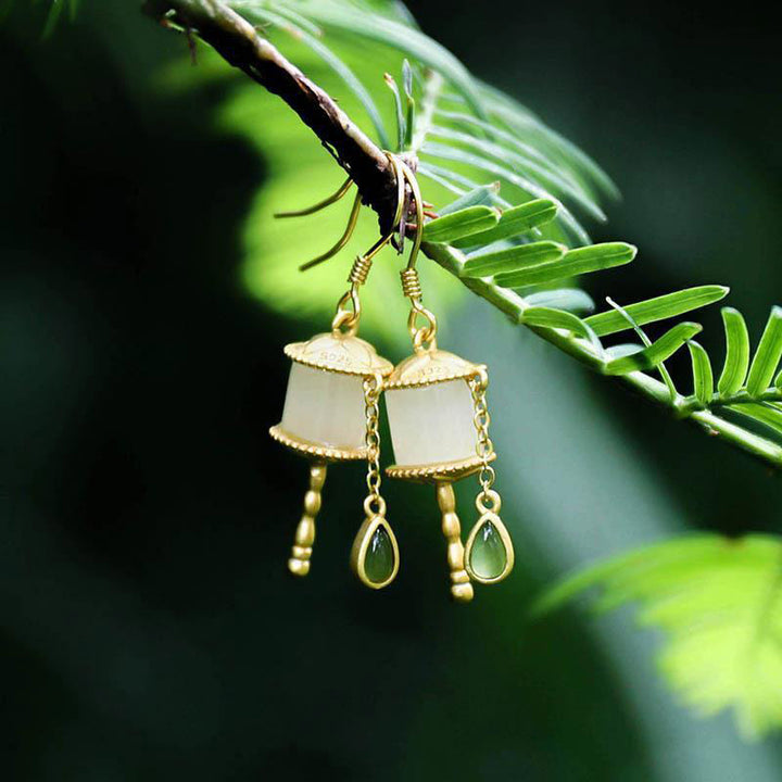 Buddha Stones 925 Sterling Silver Jade Prayer Wheel Luck Drop Earrings - image 4