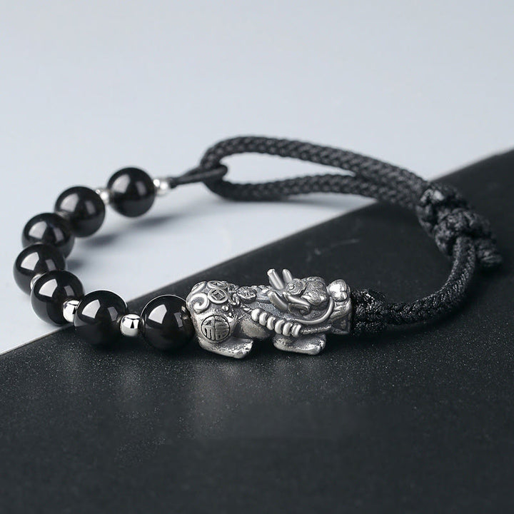 Buddha Stones 999 Sterling Silver FengShui PiXiu Natural Black Obsidian 925 Sterling Silver Bead Strength Bracelet - PiXiu&Black Obsidian - image 0