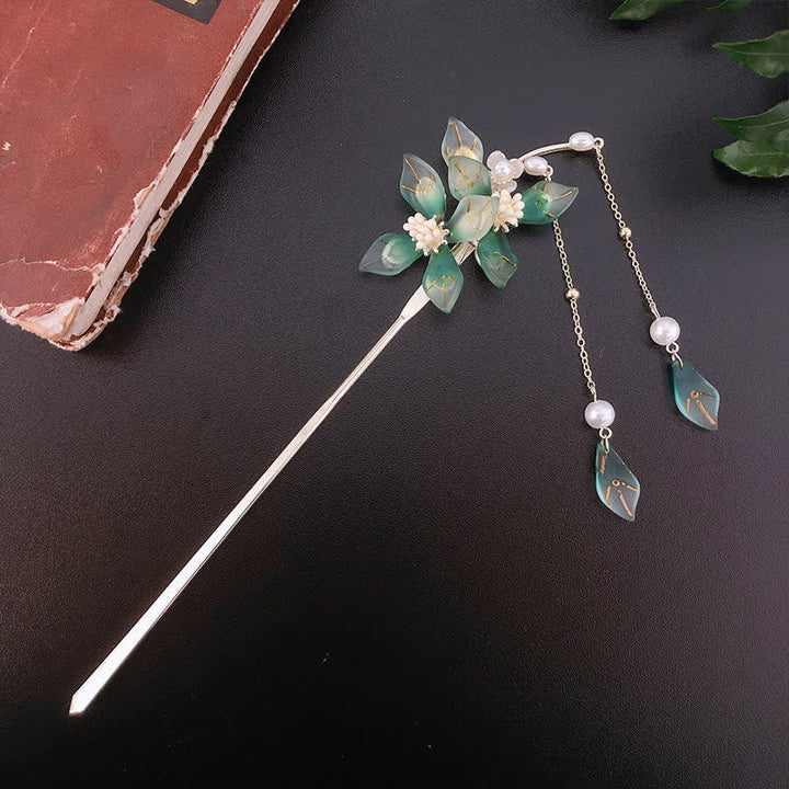 Flower Leaf Pearl Peace Tassel Hairpin - image 9