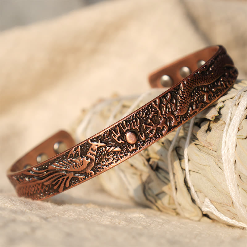Buddha Stones Dragon Phoenix Magnetic Solid Copper Cuff Bracelet Bangle - image 1