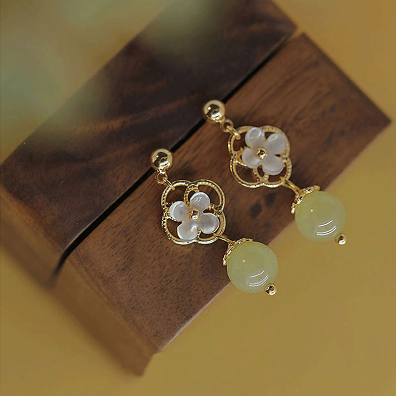 Buddha Stones Tridacna Stone Flower Jade Bead Blessing Drop Earrings - image 2