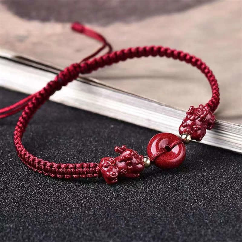 Buddha Stones Cinnabar PiXiu Blessing Copper Coin Peace Buckle Red String Bracelet - Peace Buckle(Bracelet Size 13-23cm) - Adult - image 3