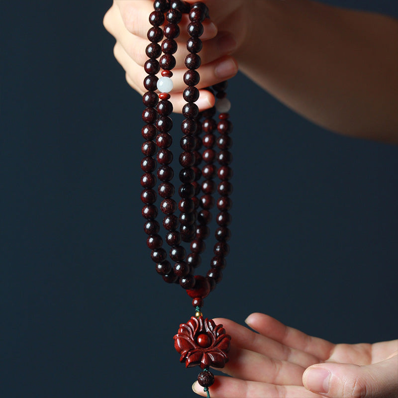 Buddha Stones Tibetan Small Leaf Red Sandalwood Lotus Mala Balance Bracelet - image 1