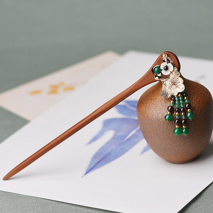 Red Sandalwood Green Agate Ginkgo Leaf Protection Hairpin - image 2