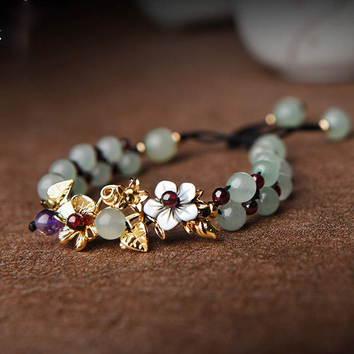 Buddha Stones Green Aventurine Garnet Bead Flower Petal Luck Bracelet - image 0