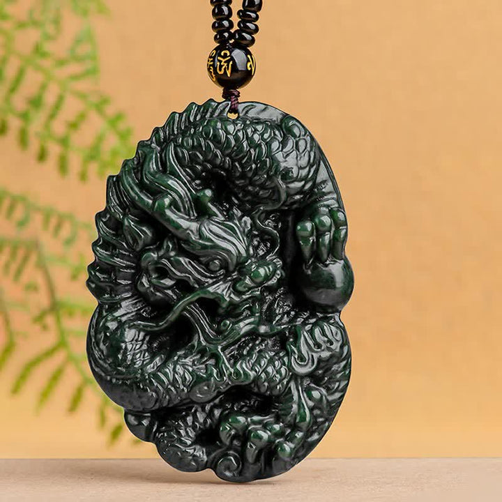 Buddha Stones Hetian Cyan Jade Dragon Success Harmony Necklace Beaded String Pendant - image 1
