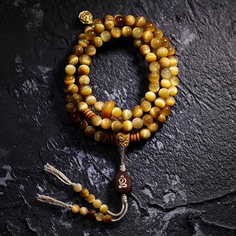 Buddha Stones 108 Mala Beads Natural Tiger Eye Copper Dorje Protection Tassel Bracelet - 6mm - Tiger Eye - Without Copper Dorje - image 0