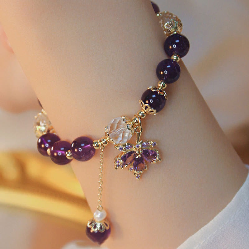 Buddha Stones 14k Gold Plated Natural Amethyst Healing Maple Leaf Charm Bracelet - image 1