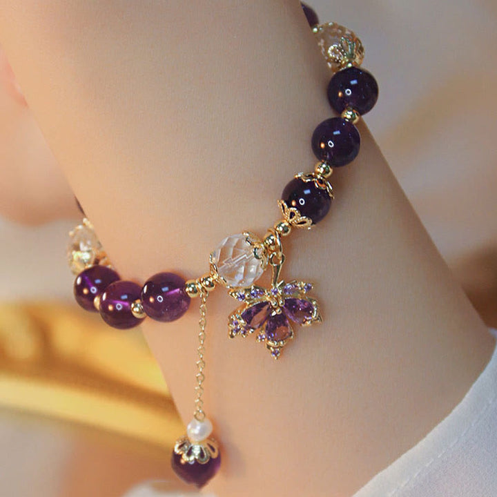 Buddha Stones 14k Gold Plated Natural Amethyst Healing Maple Leaf Charm Bracelet - image 1