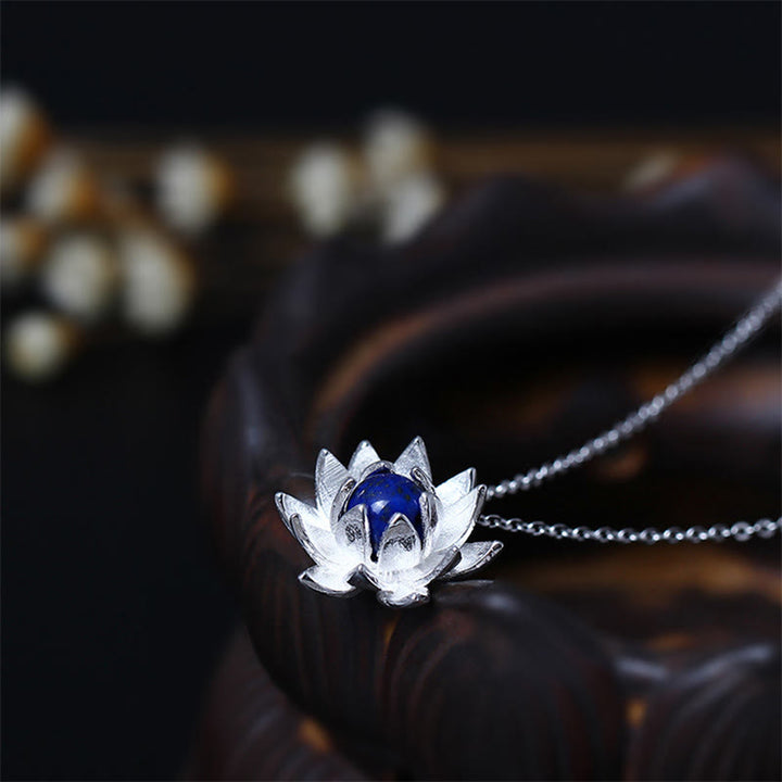Buddha Stones 925 Sterling Silver Lazurite Lapis Lazuli Lotus Flower Self Care Necklace Pendant - 925 Sterling Silver&Lazurite - image 0