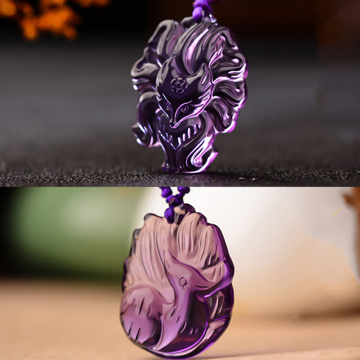 Buddha Stones Natural Amethyst White Crystal Citrine Nine Tailed Fox Luck Necklace Pendant - image 8