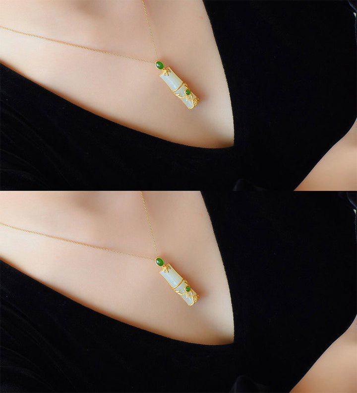 Buddha Stones White Jade Cyan Jade Bamboo Protection Necklace Pendant - image 8