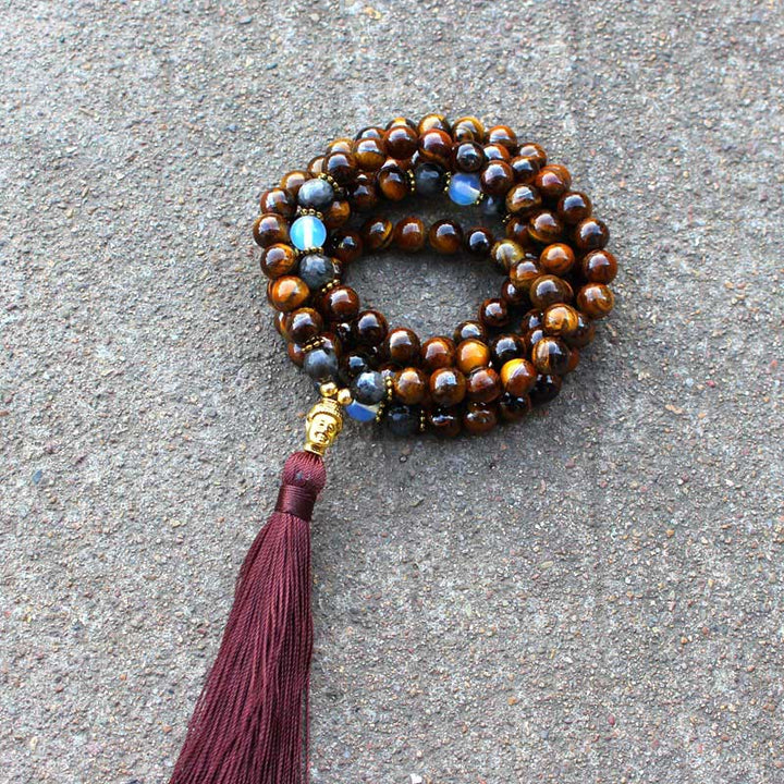 Buddha Stones Tibetan Tiger Eye Buddha Strength Power Beaded Tassel Pendant Necklace - image 4