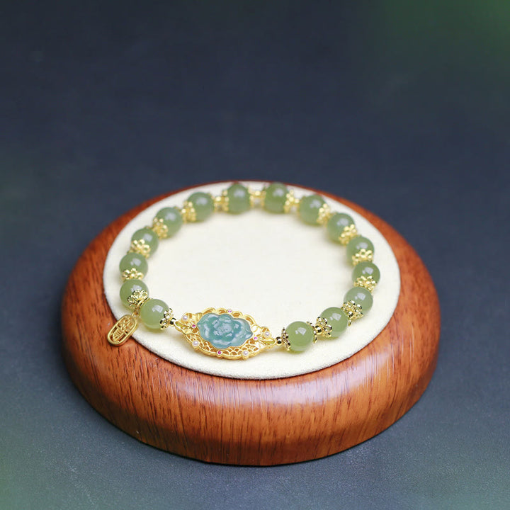 Buddha Stones 925 Sterling Silver Plated 14K Gold Hetian Jade Lotus Luck Bracelet - image 5