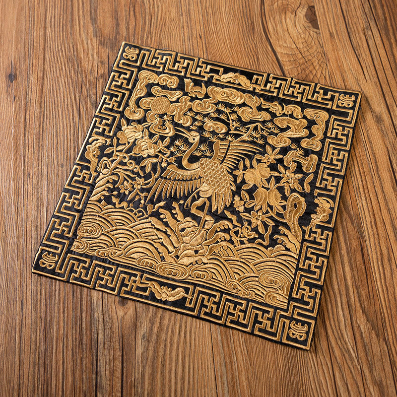 Buddha Stones Phoenix Dragon Kirin Embroidery Cup Mat Pad Tea Cup Coaster Kung Fu Tea Mat - Golden Black Crane - image 18