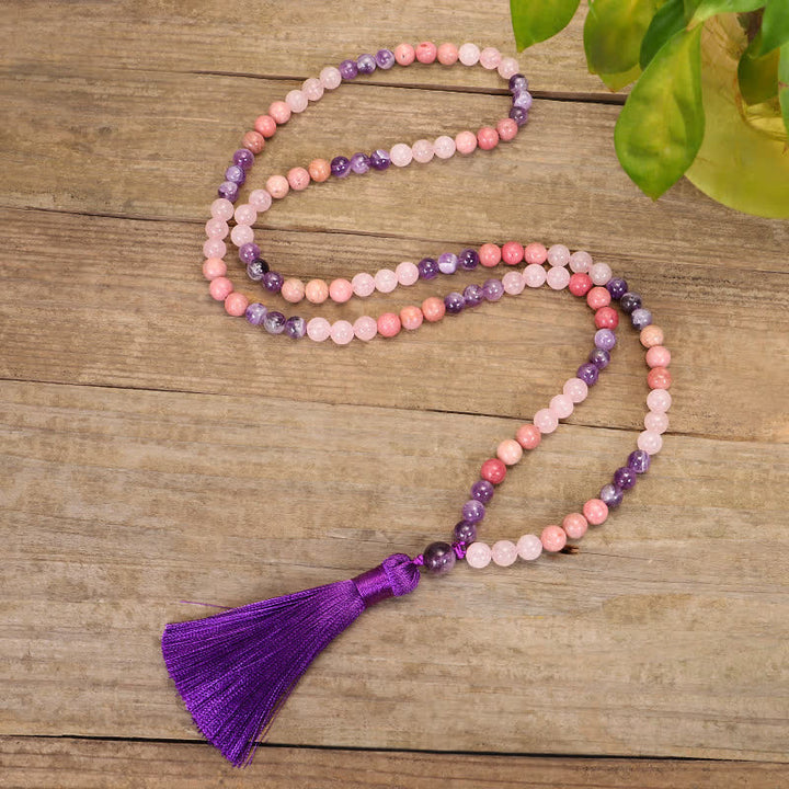 Buddha Stones 108 Mala Beads Amethyst Rose Quartz Spiritual Healing Tassel Bracelet - image 7