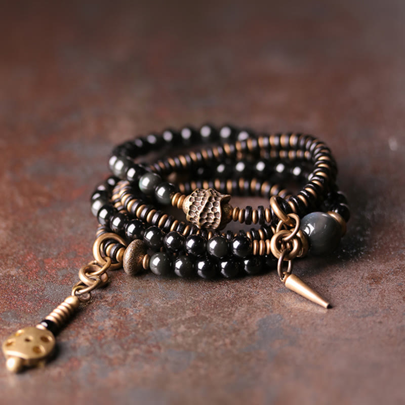 Buddha Stones Rainbow Obsidian Ebony Wood Copper Positive Multilayer Bracelet - 18cm - image 0